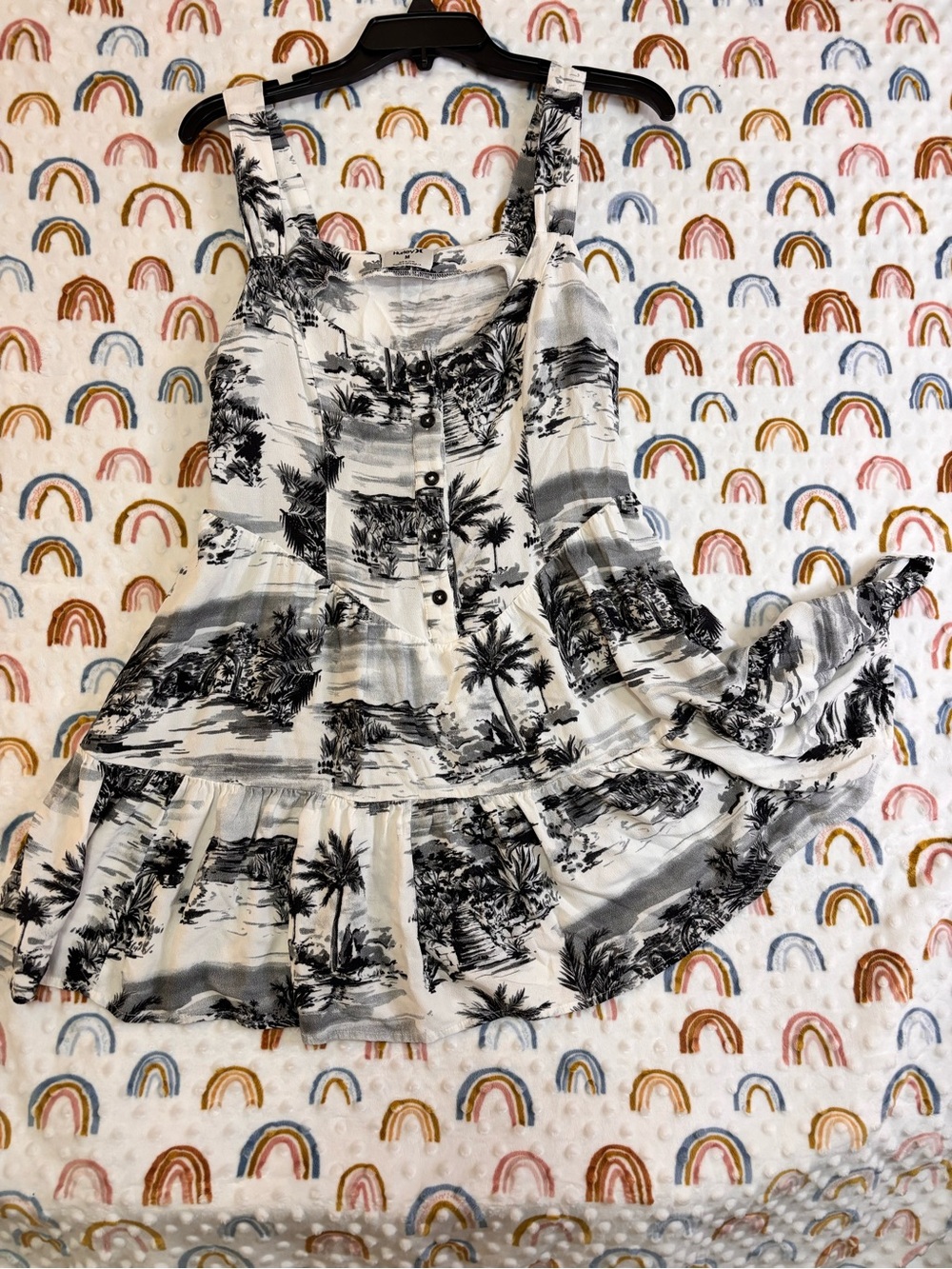 Hurley Black & White Tropical Print Tiered Sundress